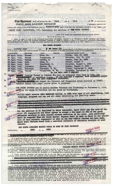 Moe Howard Twice-Signed Agreement From July 1960 Regarding The Three Stooges' Stage Performances -- Also Initialed Numerous Times by Moe -- 2pp. Measures 8.5'' x 14'' & 8.5'' x 12.5'' -- Very Good